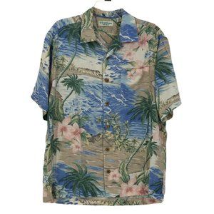 Caribbean Blue Silk Men's Ocean View Button-Up Hawaiian Camp Shirt Casual Sz M